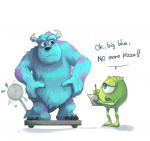 1_eye 3_toes anthro blue_body blue_fur claws dialogue duo feet fur horn male standing teeth text toe_claws toes lowerkuo disney monsters_inc pixar mike_wazowski sulley monster 2013 english_text