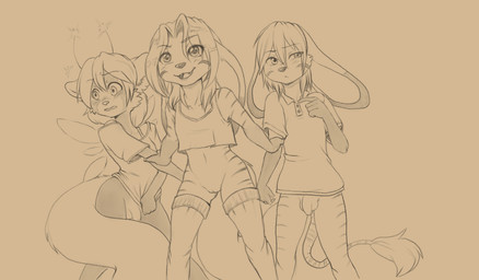 antennae_(anatomy) anthro arm_markings balls big_tail blush bottomless bottomless_anthro bottomless_female bottomless_gynomorph bottomless_intersex bottomless_male bra_strap camisole casual_exposure cheek_tuft clothed clothing collarbone countershade_face countershade_fur countershading covering covering_self embarrassed facial_tuft fangs female female_anthro flaccid floppy_ears fur fur_markings genitals group group_nudity gynomorph gynomorph_anthro hair holding_arm holding_partner insect_wings intersex intersex_anthro leg_markings legwear looking_away looking_forward lop_ears male male_anthro markings navel open_mouth open_smile penis shirt shirt_only simple_background smile standing t-shirt t-shirt_only tail teeth thigh_highs topwear topwear_only trio tuft vulva wings young young_anthro young_female young_gynomorph young_intersex young_male aria_(artist) alex_(faerie_alex) faerie_alex miranda_(faerie_alex) canid canine fairy felid fox hybrid lagomorph leporid mammal pantherine rabbit raccoon_dog tanuki tiger digital_drawing_(artwork) digital_media_(artwork) line_art monochrome sepia brother_(lore) brother_and_sister_(lore) herm_(lore) sibling_(lore) sister_(lore) twins_(lore)