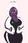 anthro big_breasts breasts choker cleavage clothed clothing cute_fangs eyelashes facial_tuft fangs female fully_clothed fur furgonomics green_eyes hand_in_pocket hoodie jewelry leggings legwear looking_away necklace pockets purple_body purple_fur shirt simple_background solo tank_top teeth thick_thighs topwear tuft white_background wide_hips blazethefox lacy_(blazethefox) bat mammal 2023 absurd_res hi_res