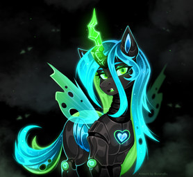 female feral green_eyes green_hair hair heart_symbol horn insect_wings long_hair machine solo wings buvanybu friendship_is_magic hasbro my_little_pony queen_chrysalis_(mlp) changeling robot hi_res