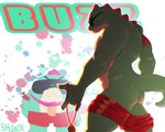 anthro bottomwear butt clothing eyewear glasses green_body male male/male muscular shorts solo tail sasxwor brawl_stars supercell_(company) buzz_(brawl_stars) crocodile crocodilian dinosaur lizard prehistoric_species reptile scalie absurd_res colored digital_media_(artwork) hi_res