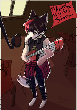 alternative_fashion arm_tattoo bass_guitar bottomwear brown_hair clothing electronics emo fur furniture guitar hair headphones highlights_(coloring) jewelry lyrics male microphone musical_instrument necklace plucked_string_instrument red_highlights ring shirt singing solo string_instrument table tank_top tattoo text topwear white_body white_fur window danniemang konami metal_gear metal_gear_rising:_revengeance platinumgames tsavich_(danniemang) arctic_fox canid canine fox mammal true_fox absurd_res digital_media_(artwork) english_text hi_res