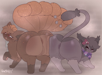 anus big_butt blush bodily_fluids bow_tie brown_body brown_fur bumping butt butt_focus duo female feral flustered freckled_butt freckled_face freckles fur genitals grey_body grey_fur hair kerchief looking_back multi_tail nude open_mouth pawpads presenting presenting_hindquarters pressed_against pressing_against rear_view smile smug_grin sweat tail teeth thick_thighs tongue vulva quemetioeres1 nintendo pokemon berri_(yesthisisgoocat) fan_character generation_1_pokemon generation_3_pokemon pokemon_(species) skitty vulpix digital_media_(artwork) hi_res signature