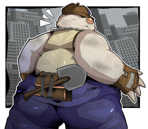 anthro belly butt claws clothing fingerless_gloves fur gloves handwear hat hat_over_eyes headgear headwear male overalls overweight shirt solo tank_top topwear white_body white_fur kusosensei deadlock_(game) valve mo_(deadlock) eulipotyphlan mammal mole_(animal) hi_res