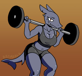 4_fingers anthro athletic_wear big_breasts bottomwear breasts brown_eyes cleavage clothed clothing crop_top exercise female fin fingers grey_body gym_bottomwear gym_shorts half-closed_eyes looking_at_viewer midriff narrowed_eyes navel non-mammal_breasts sharp_teeth shirt shorts smile solo standing tail tail_fin teeth tight_clothing topwear weightlifting weights workout ratmeals aquatic fish shark 2020 portrait three-quarter_portrait