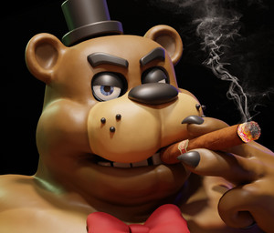 anthro black_background black_eyelids black_nails black_nose blue_eyes bow_tie brown_body brown_skin cigar clothing colored_nails fingers glistening glistening_body glistening_eyes glistening_face glistening_skin hat headgear headwear holding_cigar holding_object light looking_at_viewer machine male manly menancing nails narrowed_eyes open_mouth pupils red_bow_tie sharp_nails simple_background smoke smoking smoking_cigar smug smug_face snout solo tan_body tan_skin teeth top_hat whisker_spots white_sclera snips456fur five_nights_at_freddy's scottgames freddy_(fnaf) animatronic bear mammal robot 2025 3d_(artwork) colored detailed digital_media_(artwork) headshot_portrait hi_res lighting portrait shaded