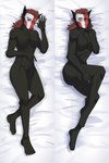 anthro asymmetrical_eyes bedding bedding_background black_body black_fur breasts brown_hair claws crotch_tuft dakimakura dakimakura_design featureless_breasts featureless_crotch female fur hair high-angle_view looking_at_viewer lying mask muscular muscular_female nude on_back pigtails pose solo tuft whiskers yellow_eyes gala_bobs ena_(series) shepherd_(ena) domestic_cat felid feline felis mammal 2021 hi_res