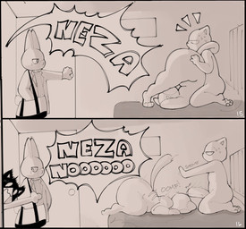 anal anthro ass_up bed big_butt big_penis bodily_fluids butt caught_in_the_act clothed clothing curtains dialogue door erection exclamation_point fur furniture genitals group half-closed_eyes hands_behind_head hands_behind_own_head humanoid_genitalia humanoid_penis inside interrupted jacket kneeling kneeling_on_bed looking_at_another male male/male narrowed_eyes nervous nude nude_anthro nude_male on_bed opening_door oral overweight overweight_anthro overweight_male penis pushing rimming rimming_male screaming scut_tail sex shocked short_tail shoving side_view smile smug speech_bubble standing sweat sweater tail text thick_thighs topwear walk-in sushiamazing working_buddies! kuehiko_roshihara rufuta_hachitani tapio_chatarozawa uwaharu_nezazono domestic_cat felid feline felis lagomorph leporid mammal rabbit 2025 comic digital_media_(artwork) english_text monochrome multiple_scenes