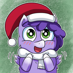 ambiguous_form ambiguous_gender blue_body blue_fur blue_hair blush blush_lines christmas_clothing christmas_headwear clothing flapping_wings front_view fur green_eyes hair happy hat headgear headwear holidays hooves monotone_body monotone_fur motion_lines open_mouth santa_hat scarf smile solo sparkles sparkling_eyes white_hooves white_scarf young young_ambiguous booperino christmas fluffy_pony fluffy_pony_(species) mammal 1:1 2021 digital_media_(artwork) english_description shaded