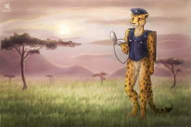 4_toes 5_fingers anthro black_nose bottomless clothed clothing day detailed_background featureless_crotch feet fingers fur grass male orange_eyes outside plant sky solo spots sun toes tree ezcett cheetah felid feline mammal 2020 digital_media_(artwork)