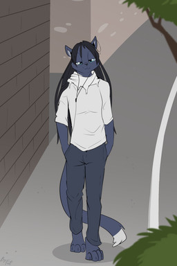 anthro biped black_bottomwear black_clothing black_hair black_nose black_pants bottomwear claws closed_smile clothed clothing day digitigrade dipstick_tail earbuds electronics front_view fur grey_body grey_fur hair half-closed_eyes hands_in_both_pockets headphones hoodie long_hair male markings mouth_closed narrowed_eyes outside pants smile solo tail tail_markings toe_claws topwear walking white_clothing white_hoodie white_markings white_topwear fuf domestic_cat felid feline felis mammal 2018 2:3 hi_res