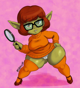 alternate_species big_breasts breasts brown_clothing brown_eyes brown_footwear brown_hair brown_shoes camel_toe clothing eyelashes eyewear female female_humanoid footwear freckled_face freckled_legs freckled_thighs freckles front_view glasses green_body green_skin hair hand_on_hip high_heels holding_magnifying_glass holding_object humanoid_pointy_ears legwear looking_at_viewer navel_outline not_furry orange_clothing orange_legwear orange_sweater orange_thigh_highs orange_topwear panties pink_background pointy_ears rectangular_glasses shoes short_hair shortstack simple_background skindentation smile solo sweater thick_thighs thigh_highs topwear underwear white_clothing white_panties white_underwear wide_hips squishcap hanna-barbera scooby-doo_(series) velma_dinkley goblin humanoid hi_res