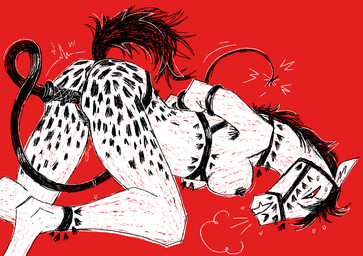 anthro anthro_penetrated ass_up bound breasts butt clenched_teeth fangs female female_penetrated fur half-closed_eyes hands_tied markings narrowed_eyes nipples object_in_pussy penetration raised_tail red_sclera restrained solo spots spotted_body spotted_fur tail teeth vaginal vaginal_penetration whip jariloxe equid equine horse mammal vampire monochrome restricted_palette