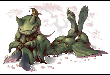 anthro bracelet claws feet female flippers foot_focus gills green_body horn jewelry nude simple_background soles solo toes white_background kredri alien