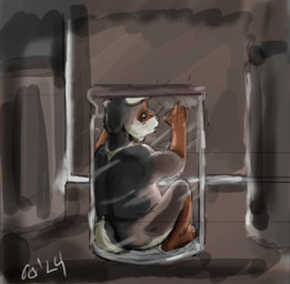 anthro blue_eyes bodily_fluids brown_body brown_fur butt cabinet container crying feet fur in_container in_jar male micro nude nude_anthro nude_male rear_view sitting solo tail tears tears_of_sadness text trapped white_body white_fur jeri_kleinlowe revel_(rabidchipmunk) canid canine canis domestic_dog mammal shikoku_ken spitz 2024 colored hi_res signature