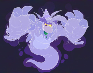 anthro clothing green_tongue hat headgear headwear looking_at_viewer male party_hat purple_body solo tongue tongue_out yellow_sclera misplacedpaws_(artist) club_penguin sam_the_sasquatch avian bird ghost penguin spirit hi_res