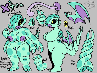 2_tails 3_fingers 3_toes 4_arms areola big_breasts black_sclera breasts butt eyelashes feet female fingers from_front_position genitals green_body grey_background inverted_nipples lips markings membrane_(anatomy) membranous_wings multi_arm multi_limb multi_tail navel nipples nude nude_female nude_humanoid one_eye_obstructed plantigrade pseudo_hair purple_areola purple_nipples shortstack shortstack_female side_view simple_background soles solo spots spotted_body tail tentacle_hair tentacles text toes tongue tongue_out vulva wings yellow_eyes toni_oni cthulhu_mythos h._p._lovecraft x'tra_(toni_oni) alien alien_humanoid humanoid 4:3 english_text model_sheet signature