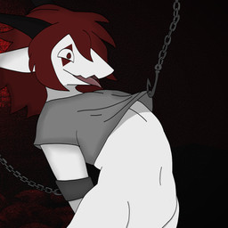 anthro bound chain chained chained_cuffs clothing clown femboy grey_clothing grey_shirt grey_topwear hair hook male red_eyes red_hair shirt solo topwear white_body raganlier mythology sellgibs dragon mythological_creature mythological_scalie scalie 1:1 hi_res