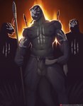 5_fingers anthro balls big_penis black_glans black_nipples bodily_fluids bodypaint bottomwear bottomwear_aside clothing clothing_aside darkened_genitalia darkened_glans darkened_nipples erection face_paint fingers foreskin forked_tongue genital_fluids genitals glans green_balls green_body green_penis group humanoid_genitalia humanoid_penis loincloth loincloth_aside long_tongue looking_at_viewer male melee_weapon muscular muscular_anthro muscular_male nipples pecs penis polearm precum precum_string presenting presenting_penis retracted_foreskin scales smile spear tongue tribal v-cut weapon sigma_x lizardman reptile scalie 2023