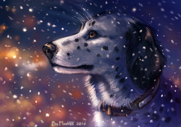ambiguous_gender black_body black_ears black_fur black_lips black_nose black_spots blurred_background brown_collar brown_eyes collar feral fur lens_flare lips long_mouth looking_up no_sclera outside side_view snout snow snowing solo spots whiskers white_body white_fur wind flashw canid canine canis dalmatian domestic_dog mammal 2016 detailed digital_media_(artwork) digital_painting_(artwork) headshot_portrait painting_(artwork) portrait