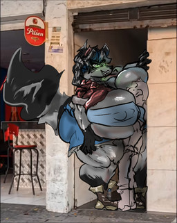 anthro big_breasts big_butt breasts butt duo faceless_character faceless_male female huge_breasts huge_butt hyper hyper_breasts hyper_butt male male/female muscular muscular_female nipple_outline size_difference wasabiiitornado mammal procyonid raccoon letterbox