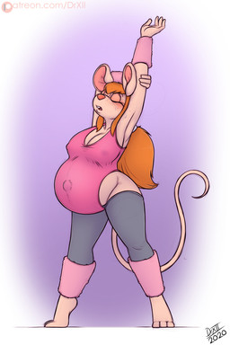 3_toes anthro barefoot belly big_belly big_breasts bodily_fluids breasts clothed clothing exercise feet female fur hair nipples pregnant pregnant_anthro pregnant_female simple_background solo sweat toes workout_clothing drxii chip_'n_dale_rescue_rangers disney gadget_hackwrench mammal mouse murid murine rodent 2020 2:3 digital_media_(artwork) hi_res