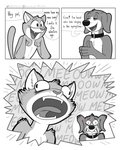 anthro bulging_eyes collar cross-popping_vein dialogue duo humor male meow open_mouth open_smile screaming smile text nikraccoom koira_(nik159) tonka_(nik159) canid canine canis domestic_cat domestic_dog felid feline felis mammal 2021 absurd_res comic english_text greyscale hi_res monochrome multiple_scenes url