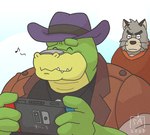 angry anthro biped clothing duo eyes_closed green_body grey_body hat headgear headwear humanoid_hands kemono musical_note musical_symbol shirt symbol text topwear goyemon_k brok_the_investigator cowcat_games nintendo nintendo_switch brok_(brok_the_investigator) graff_filsh alligator alligatorid crocodilian domestic_cat felid feline felis mammal reptile scalie 2023 japanese_text