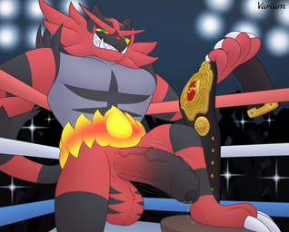 anthro ball_markings balls big_balls big_penis bodily_fluids championship_belt clothing crowd cum dripping fighting_ring foreskin fur genital_fluids genital_markings genitals gradient_penis grey_body group hair huge_penis humanoid_genitalia humanoid_penis looking_at_viewer male markings muscular muscular_male narrowed_eyes nude penis precum precum_drip presenting presenting_penis red_body red_fur simple_background smile smug smug_face solo tail teeth throbbing throbbing_balls throbbing_penis vein veiny_penis conditional_dnp varium nintendo pokemon felid feline felis generation_7_pokemon humanoid incineroar mammal pokemon_(species) digital_media_(artwork) hi_res