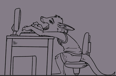 anthro bottomwear chair claws clothed clothing computer desk electronics fluffy furniture male open_mouth plantigrade shirt shorts table tail tired topwear yawn wicked_whiskers zgf_art ra'zim gulonine hybrid kangaroo macropod mammal marsupial marten mustelid musteline sable_(marten) 2026 sketch