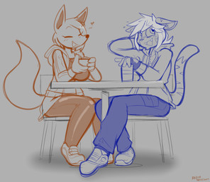 accessory anthro big_breasts blush bodily_fluids bottomwear breasts chair clothed clothing coffee_cup container cup cute_fangs date duo eyes_closed fangs female fluffy fluffy_tail footwear fully_clothed furniture hair hair_accessory hand_on_head heart_symbol hoodie looking_away male markings open_clothing open_hoodie open_topwear pants romantic romantic_couple shirt shoes sitting smile sneakers striped_markings striped_tail stripes sweat sweatdrop table tail tail_markings teeth topwear felino carina_(felino) zack_(pundercracker) canid canine felid fox mammal pantherine tiger 2025 hi_res sketch