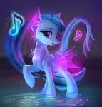 blue_body blue_hair blue_skin female feral fin glowing hair hooves membrane_(anatomy) membranous_wings musical_note musical_symbol open_mouth purple_eyes sand solo standing symbol v_bangs water wings xbi equestria_girls hasbro my_little_pony sonata_dusk_(eg) equid equine horse hybrid mammal pony siren absurd_res hi_res