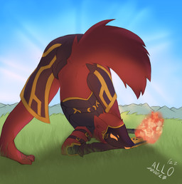 anthro armor ass_up bottomwear clothing crossgender female fire fur gauntlets gesture gloves gold_(metal) grass handwear head_on_hand jack-o'_pose machine plant pose prosthetic prosthetic_arm prosthetic_limb red_body red_fur skirt solo allodoodl ember_(skiddy) protogen 2022