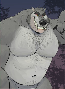 anthro belly_hair black_nose body_hair chest_hair eyebrows fangs fur grey_body grey_fur heart_symbol male muscular muscular_male navel nude one_eye_closed pecs solo stubble teeth wink yellow_sclera dramamine mythology canid canine canis mammal mythological_canine mythological_creature werecanid werecanine werecreature werewolf wolf hi_res