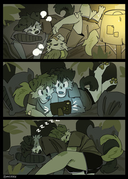 anthro bed biped black_bottomwear black_clothing black_eyes black_shorts bottomwear cellphone clothing duo electronics floppy_ears fur furniture green_body green_fur grey_body grey_fur male on_bed phone pillow romantic romantic_couple shirt shorts sleeping sleeping_together smartphone tail topwear watching_video white_body white_fur mintcashew canid canine canis domestic_dog mammal 2025 absurd_res comic hi_res