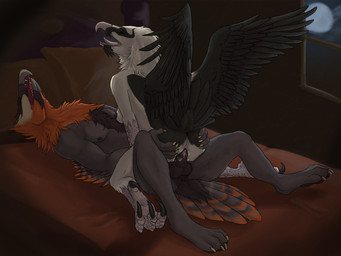 anthro anthro_on_anthro balls beak bed bedroom black_nipples black_vulva bodily_fluids breasts butt butt_grab cowgirl_position cum cum_in_vagina cum_inside duo erection eyes_closed facial_hair feathered_wings feathers feet female female_on_top female_penetrated from_front_position furniture genital_fluids genitals grey_body grey_feathers hand_on_butt hindpaw lying male male/female male_on_bottom male_penetrating male_penetrating_female moan moon nipples non-mammal_breasts nude on_back on_bottom on_top open_mouth orange_body orange_feathers paws penetration penile penile_penetration penis penis_in_vagina sex straddling talons toes tongue vaginal vaginal_penetration vulva white_body white_feathers window wings kryan muriat napkin_(character) accipitrid accipitriform avian bearded_vulture bird old_world_vulture vulture 2014 4:3 digital_media_(artwork)