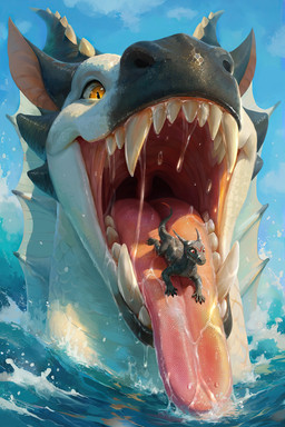 amber_eyes ambiguous_gender black_body black_claws black_nose black_scales blue_body blue_scales bodily_fluids claws cloud dipstick_tail disembodied_head dripping duo fangs feral foam frill_(anatomy) horn in_mouth looking_at_viewer macro markings membrane_(anatomy) membranous_frill micro mouth_shot on_tongue open_mouth outside partially_submerged pointy_ears pupils quadruped red_eyes red_markings red_tail_tip saliva saliva_drip saliva_string scales sharp_teeth size_difference sky slit_pupils splashing_water tail tail_markings teeth tongue tongue_out uvula water wet alaiaorax mythology aquatic_dragon dragon lizard marine mythological_creature mythological_scalie reptile scalie hi_res