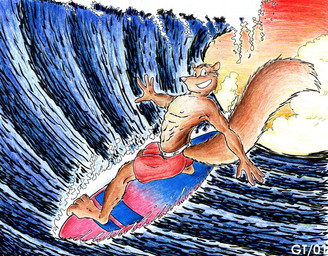 anthro athletic big_tail clothing looking_at_viewer male sea solo sunset surfboard surfing swimming_trunks swimwear tail water wave gtskunkrat egger mammal rodent sciurid tree_squirrel