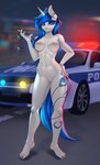 5_fingers anthro areola blue_eyes breasts car cuff_(restraint) cutie_mark eyelashes feet female fingers genitals handcuffs horn humanoid_feet looking_at_viewer metal_cuffs motor_vehicle navel nipples plantigrade police police_car police_vehicle pussy restraints solo toes vehicle u_lu_lu hasbro my_little_pony mythology fan_character equid equine mammal mythological_creature mythological_equine unicorn 2022 absurd_res digital_media_(artwork) hi_res