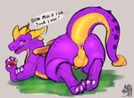activision anus backsack balls dragon english_text european_mythology feral flushed gem genitals hi_res horn looking_at_viewer lying male mythological_creature mythological_scalie mythology on_front paws presenting purple_body purple_eyes purple_scales scales scalie solo sploot spyro spyro_the_dragon text western_dragon yellow_horn zyria