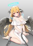 big_breasts blonde_hair blush bound breasts chain chained cleavage clothed clothing collar feathered_wings feathers female glowing glowing_halo hair halo kneeling looking_at_viewer not_furry red_eyes simple_background solo wings kemo_neko angel angel_humanoid humanoid winged_humanoid 2020 absurd_res digital_media_(artwork) hi_res shaded