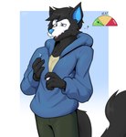 anthro black_body black_fur black_hair blue_clothing blue_eyes blue_hoodie blue_nose blue_topwear bottomwear clothed clothed_anthro clothed_male clothing fur green_bottomwear green_clothing green_pants hair hoodie male pants simple_background solo standing tail topwear dreamerknight sam_skully canid canine canis mammal wolf 2024 absurd_res hi_res portrait three-quarter_portrait