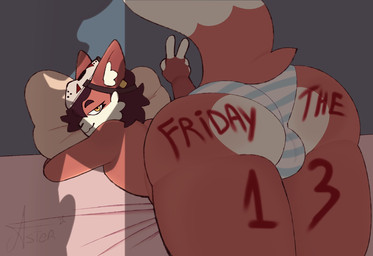 anthro bed big_butt brown_hair butt choker duo femboy fluffy_ears furniture hair jewelry lying lying_on_bed male male/male mask necklace on_bed penis_shadow piercing shadow smug smug_face wearing_mask starlit_aster friday_the_13th canid canine fox mammal hi_res