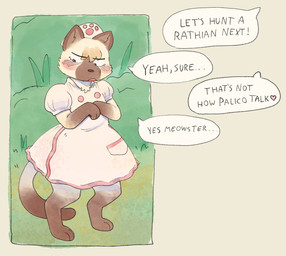 ambiguous_gender anthro blush brown_body brown_fur brown_nose clothed clothing dialogue dress fur hat headgear headwear solo tail tan_body tan_fur text transformation dondedun capcom monster_hunter domestic_cat felid feline felis felyne lynian mammal palico english_text