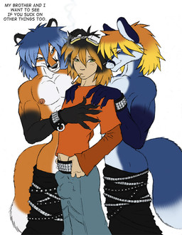 anthro balls_outline belt blonde_hair blue_eyes blue_hair body_hair bondage_pants bottomwear brown_eyes bulge cigarette claws clothed clothing detailed_bulge dialogue eyewear genital_outline goggles green_eyes group hair happy_trail male male/male muscular muscular_anthro muscular_male nipples pants penis_outline simple_background smile smoking studded_belt studs tail text trio unimpressed white_background gideon canid canine fox human mammal digital_media_(artwork) english_text brother_(lore) sibling_(lore)