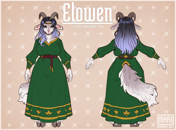 2_horns accessory alternative_fashion anthro belt biped black_hair blue_eyes blue_hair clothed clothing cloven_hooves country_lolita curled_horn dress female front_view gradient_hair green_clothing green_dress green_eyes hair headband heterochromia hooves horn j-fashion lolita_(fashion) lolita_dress long_hair multicolored_hair rear_view rope rope_belt smile solo text two_tone_hair mariart elowen_(mariart) bovid caprine goat mammal character_name hi_res model_sheet