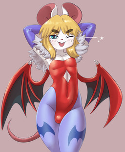anthro black_wings blonde_hair blue_clothing blue_eyes blue_legwear blush buckteeth bulge claws clothing cosplay femboy front_view fur hair hands_behind_head legwear leotard looking_at_viewer male one_eye_closed open_mouth pink_inner_ear pose pupils raised_arms red_clothing red_leotard red_wings smile solo teeth thick_thighs white_body white_fur wide_hips wing_claws wings wink mr-shin capcom darkstalkers lilith_aensland marvin_(mr-shin) mammal mouse murid murine rodent 2025 hi_res