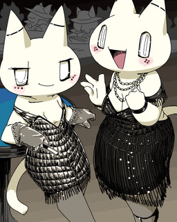 anthro beads bedroom_eyes blush blush_stickers bracelet breasts cigarette clothing detailed_background dress duo empty_eyes female fingers furniture gloves handwear jewelry looking_at_viewer narrowed_eyes open_mouth seductive simple_background qadyx 2channel a_(2channel) fii_(2channel) 2channel_ascii_art_character domestic_cat felid feline felis mammal 4:5 digital_drawing_(artwork) digital_media_(artwork)
