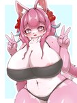 anthro areola areola_slip bandeau big_breasts biped black_bandeau black_clothing black_panties black_topwear black_underwear blush blush_lines breasts clothing curvy_figure eyebrow_through_hair eyebrows eyelashes female fur gesture hair hand_gesture huge_breasts kemono multicolored_body multicolored_fur navel open_mouth open_smile panties pink_areola pink_body pink_eyes pink_fur pink_hair smile solo thick_thighs topwear translucent translucent_hair two_tone_body two_tone_fur underwear v_sign voluptuous white_body white_fur shiryujack08 airi_(nigiruri) canid canine mammal 2024 3:4 absurd_res hi_res