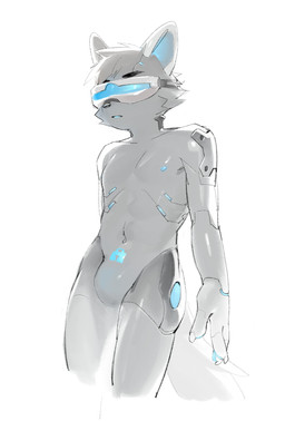 anthro blue_nipples blue_pawpads bulge cheek_tuft claws facial_tuft grey_body head_tuft kemono lock_bulge lock_symbol machine male navel nipples pawpads shota simple_background solo tuft visor white_background young young_anthro lucky456852 android canid canine canis mammal robot wolf hi_res